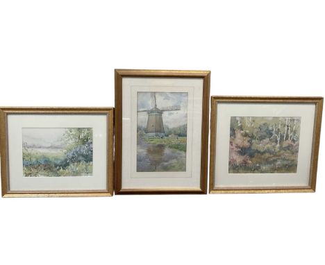 † ELLEN HAFFNER; an abstract watercolour, rural scene, signed lower right, 27 x 37cm, framed and glazed, and a further Ellen 