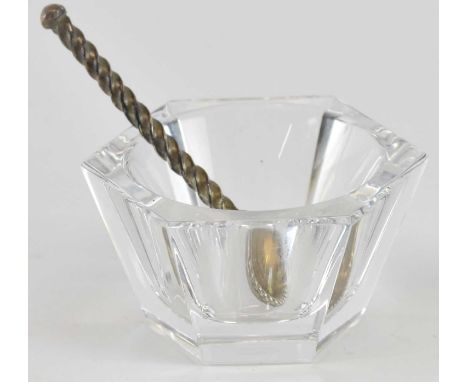 BACCARAT; a hexagonal crystal glass salt, with an Elizabeth II hallmarked silver condiment spoon modelled as a shell, with tw
