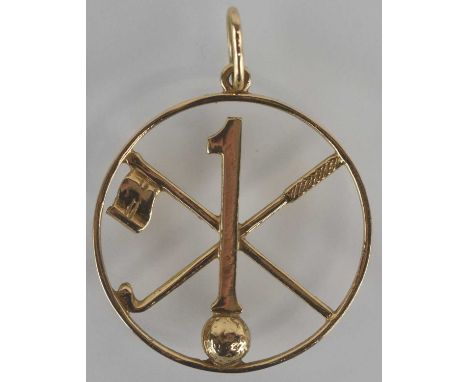 GOLFING INTEREST; a 9ct gold circular necklace pendant, with golf club, golf ball, flag and the number '1' within a circle, r