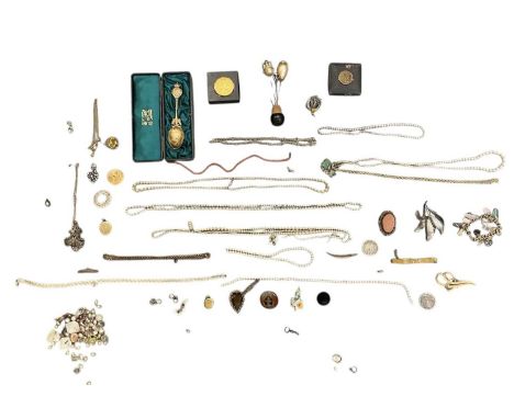 Various items of costume jewellery including hat pins, one with polished agate and gold pin, charm bracelets, bracelets, broo