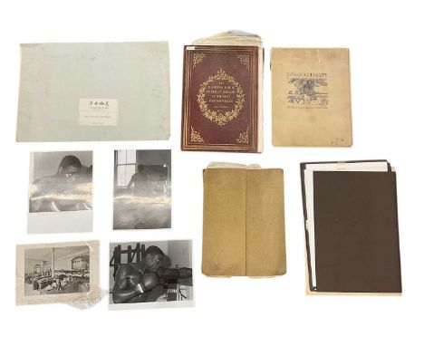 A portfolio of 19th century and later engravings, etchings, watercolours and prints, also three black and white photographs o