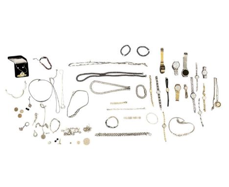 A quantity of mostly modern costume jewellery to include various lady's and gentleman's wristwatches, bracelets, earrings, co