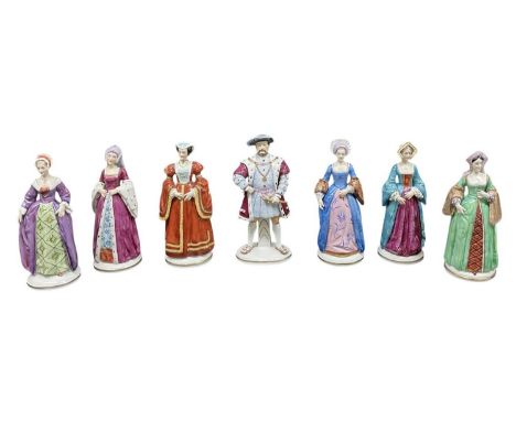 DRESDEN; a set of seven early 20th century German porcelain figures, 'Henry VIII and his Six Wives', comprising Catherine of 