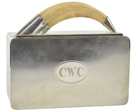 HUKIN &amp; HEATH; a late Victorian hallmarked silver travelling cigar box, with boar tusk handle, inscribed with initials 'C