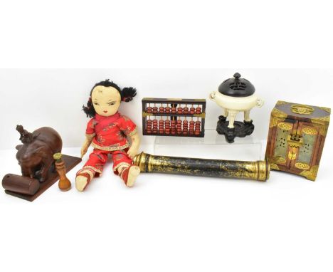 Seven modern Oriental items, including a trinket box with jade style panels, height 17.5cm, a modern small koro with carved w
