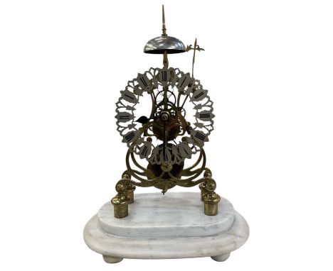 A late 19th century brass skeleton clock, under a glass dome, the silvered dial set with Roman numerals, height to top of dom