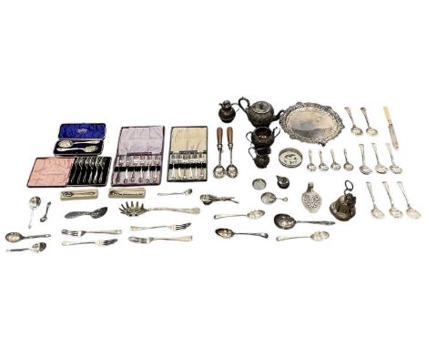 A large quantity of silver plated items, including a cased pair of spoons, flatware, teapot, Guernsey creamer, cased cake for