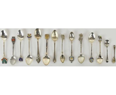 A collection of fourteen assorted hallmarked silver and white metal collectors' teaspoons, comprising Deakin &amp; Francis Lt