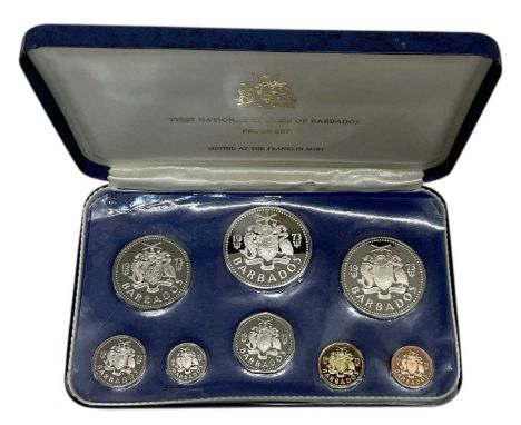 FRANKLIN MINT; a 1973 First National Coinage of Barbados, comprising eight coins with five relating to the sea, the remaining