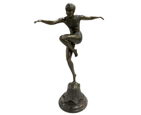 AFTER FERDINAND PREISS; an Art Deco style bronze figure of a female dancer in balancing pose, height 45cm, armspan 35cm.