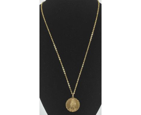 A 9ct gold St Christopher circular pendant, inscribed to the reverse 'To Dad Love Linda', on a 9ct gold dainty chain with hoo