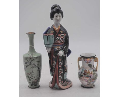 A Japanese earthenware figure of a geisha, height 26cm, together with a Japanese cloisonne enamel vase, height 19cm, and a mi