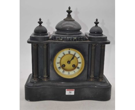 A Victorian black slate 8-day mantel clock, of architectural form, the enamelled chapter ring showing Roman numerals, flanked