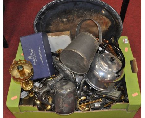 A collection of miscellaneous items to include silver plated tray, brass ecclesiastical candlestick, tea wares etc