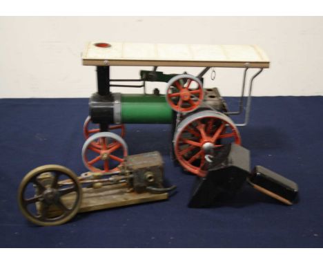 A Mamod steam fired steam tractor; together with a stationary steam driven engine (2)