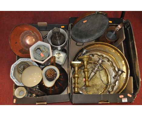 Two boxes of ceramics and metalware to include Victorian brass table candlesticks, a copper jug, and a silver plated drinks t