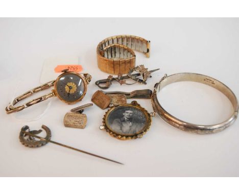 Mixed lot, to include lady's vintage 9ct gold cased wristwatch, sterling silver hinged bangle, silver and gold faced tie-pin,