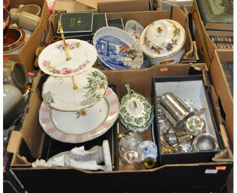 Two boxes containing ceramics and metalwares to include a Spode Italian pattern pie dish, and a Royal Worcester Evesham patte