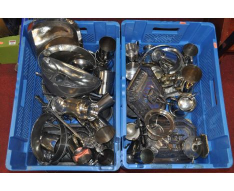 Two boxes of miscellaneous metal ware to include an Art Nouveau pewter desk stand (lacking hinged inkwell cover), silver plat