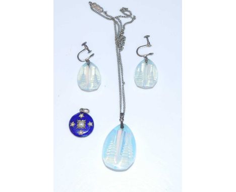 An enamel and seed pearl pendant, circa 1900; together with an iridescent glass pendant on finelink neck chain, with matching