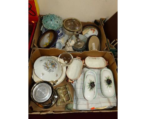 Two boxes of miscellaneous items, to include a polished soapstone model of a horse, pair of Victorian soap dishes by John Mor