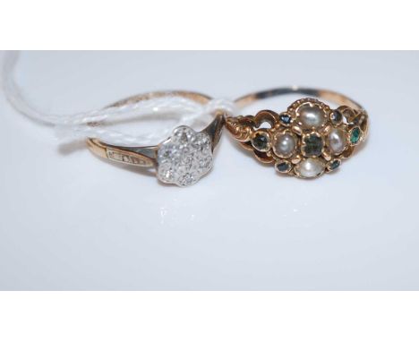 A 9ct gold and platinum diamond flower head cluster ring, size L; together with an early 20th century yellow metal, green tou