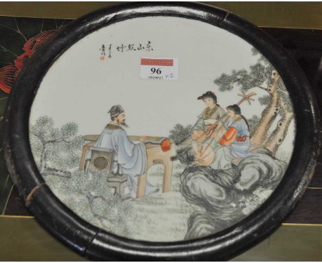 A Chinese export roundel, decorated with figures in a landscape, 20cm dia.; together with a lacquered trayPorcelain is good, 