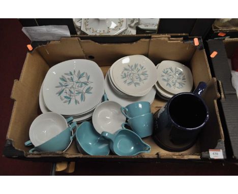 A box of ceramics to include a Midwinter Cassandra pattern part tea service, and a Whitbread advertising tankard