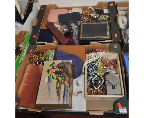 Two boxes of miscellaneous costume jewellery to include various beaded necklaces, copper bangle, Celtic Lands enamel pillbox,