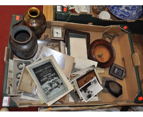 A box of miscellaneous items to include cloisonne enamel vases, vintage photographs, vintage postcards, picture frames etc