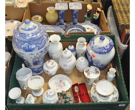 Two boxes of ceramics to include a Spode Italian pattern jar and cover, and two silver teaspoons