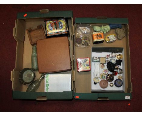 Two boxes of miscellaneous items, to include enamelled patch boxes