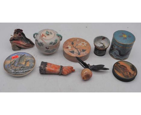 A collection of miscellaneous items to include a Victorian Prattware lid, a cloisonne enamel jar, a pietra dura jar, and a Ch