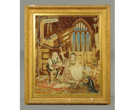 A 19th century woolwork tapestry, "The Hiding of The Scottish Crown Jewels".  97 cm x 78 cm.