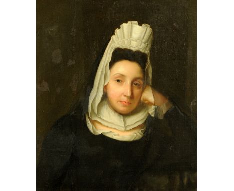 An oil painting on canvas laid on board, portrait of a lady with bonnet and white collar.  68 cm x 57 cm. CONDITION REPORT: A