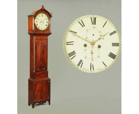 A Regency mahogany longcase clock, David Greig, Perth, with arched hood, circular dial and two-train striking movement, with 