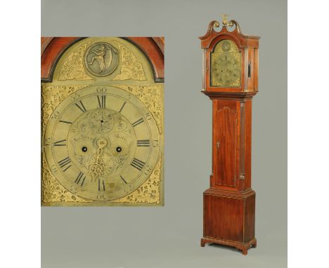 A George III mahogany longcase clock by James Greig of Perth, with swans neck pediment above the arched dial and two-train st