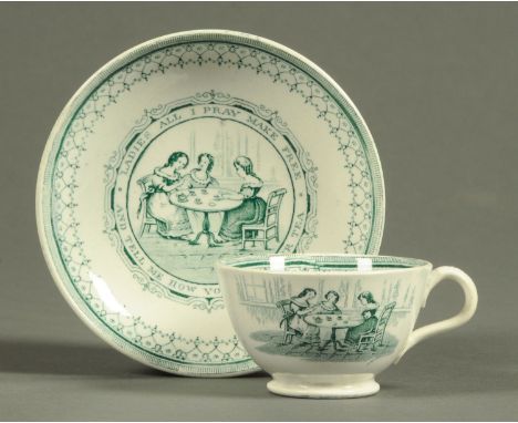 A 19th century green and white transfer printed tea cup and saucer, "Ladies all I pray make free and tell me how you like you