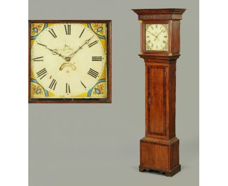 A George III oak and mahogany crossbanded longcase clock, with thirty hour movement by Pike, Barnstable, the case with moulde