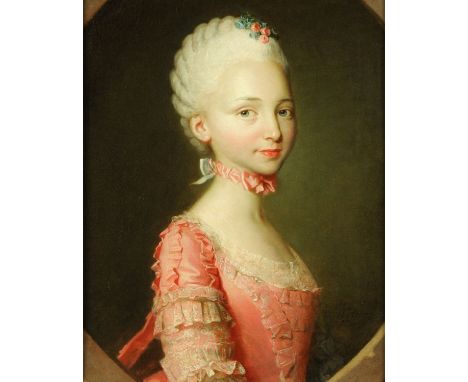 Simon-Bernard Lenoir (1729-1791), oil painting on canvas, portrait of a young girl in pink dress and choker.  56 cm x 41 cm, 