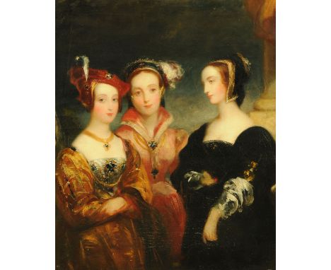 Attributed to Charles Baxter (1809-1879), oil on canvas, portrait of three women in period costume.  60 cm x 50 cm, framed (s