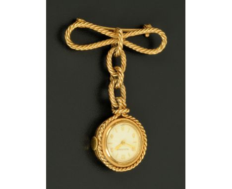 A 9 ct gold cased Jaeger Lecoultre nurses fob watch, Serial No. 836990, with rope twist edged case and bow hanger, gross weig