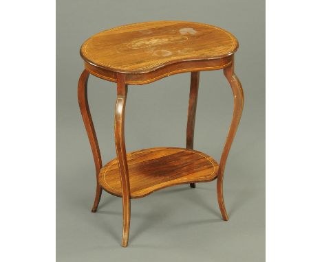 An Edwardian inlaid rosewood kidney shaped occasional table, with cabriole type legs and low shelf.  Width 57 cm. 