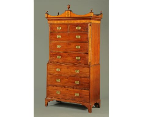 A George III mahogany and satinwood chest on chest, with detachable cornice with Prince of Wales plume above a crossbanded fr