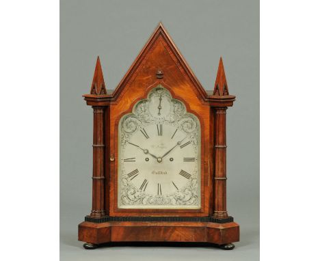 A Regency mahogany bracket clock, in the Gothic style, with crossbanded case, silvered dial and two-train fusee movement by W