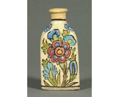 A Persian oil flask, 19th century, foliate patterned.  Height 18 cm.