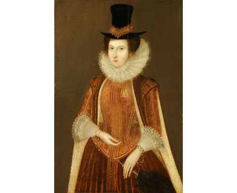 English School (late 16th/early 17th century), oil on panel, portrait of a lady wearing a hat and holding an ostrich feather 