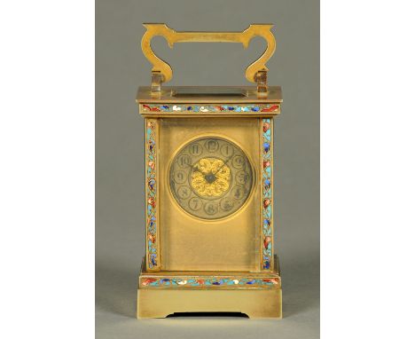 A late 19th century French Champleve enamel and brass carriage clock, timepiece only.  Height excluding carrying handle 11.8 