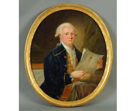 18th century French School, oil on canvas, oval portrait Francisco Julian Fleming, half length wearing blue coat and reading 