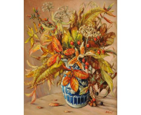 Norman McNeil, oil painting on canvas, "Autumn Foliage".  59 cm x 49 cm, framed, signed and with T. & R. Annan & Sons Gallery